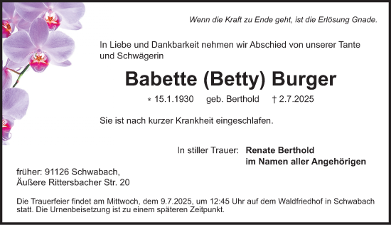Traueranzeige von Babette Burger von Schwabacher Tagblatt Lokal