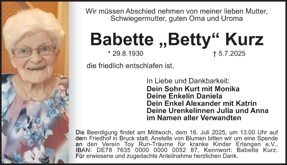  Traueranzeige für Babette Kurz vom 12.07.2025 aus Erlanger Nachrichten Lokal