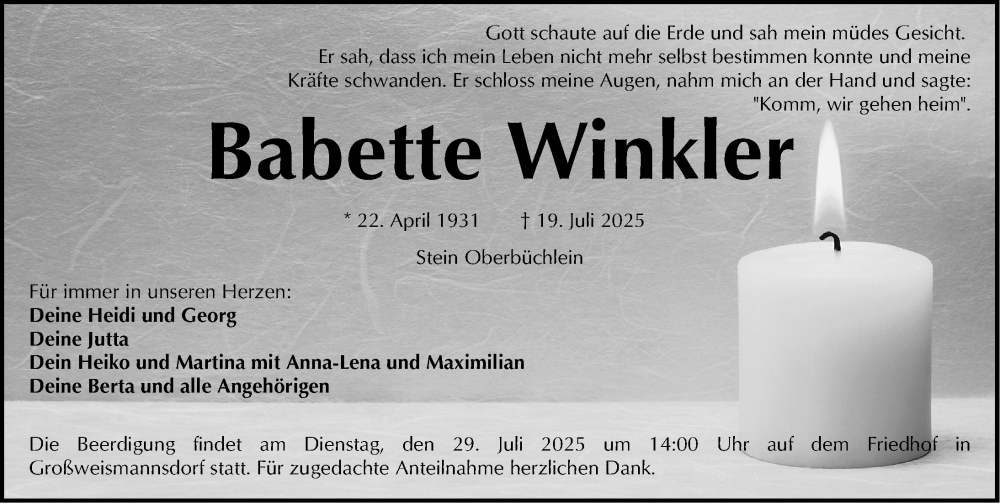  Traueranzeige für Babette Winkler vom 26.07.2025 aus Fürther Nachrichten Lokal