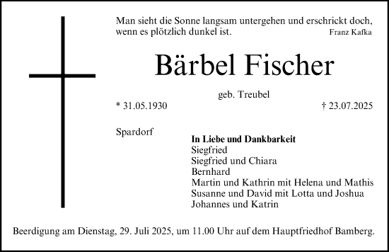 Traueranzeige von Bärbel Fischer von Erlanger Nachrichten Lokal