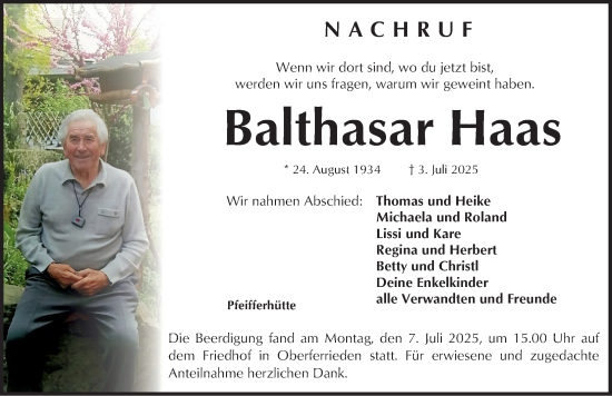 Traueranzeige von Balthasar Haas von Neumarkter Nachrichten Lokal