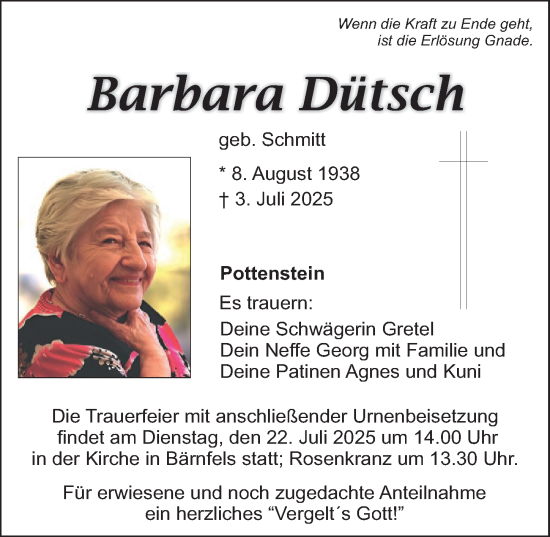 Traueranzeige von Barbara Dütsch von Nordbayerische Nachrichten Forchheim Lokal