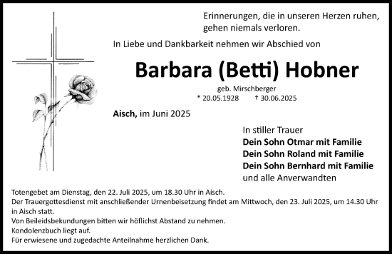 Traueranzeige von Barbara Hobner von Nordbayerische Nachrichten Herzogenaurach Lokal