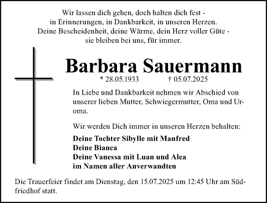 Traueranzeige von Barbara Sauermann von Gesamtausgabe Nürnberger Nachrichten/ Nürnberger Ztg.