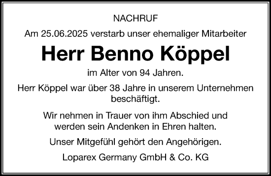 Traueranzeige von Benno Köppel von Nordbayerische Nachrichten Forchheim Lokal