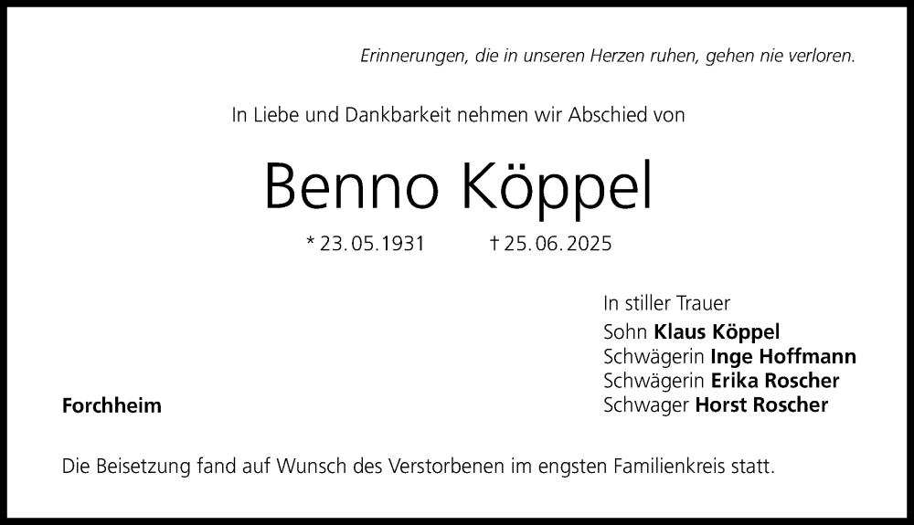  Traueranzeige für Benno Köppel vom 26.07.2025 aus Nordbayerische Nachrichten Forchheim Lokal