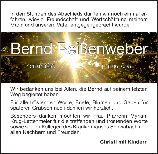 Traueranzeige von Bernd Reißenweber von Schwabacher Tagblatt Lokal