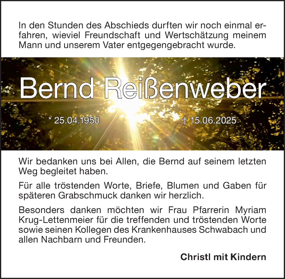  Traueranzeige für Bernd Reißenweber vom 19.07.2025 aus Schwabacher Tagblatt Lokal
