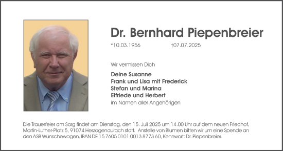 Traueranzeige von Bernhard Piepenbreier von Erlanger Nachrichten Lokal
