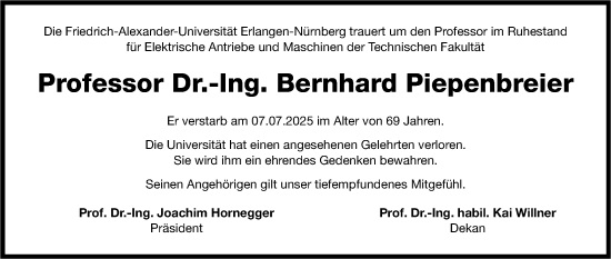 Traueranzeige von Bernhard Piepenbreier von Gesamtausgabe Nürnberger Nachrichten/ Nürnberger Ztg.