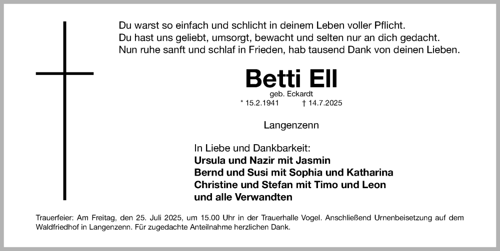  Traueranzeige für Betti Ell vom 19.07.2025 aus Fürther Nachrichten Lokal