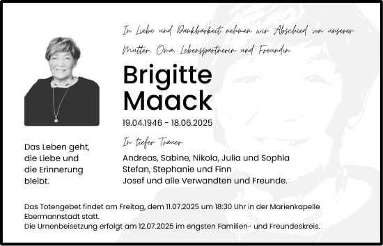 Traueranzeige von Brigitte Maack von Nordbayerische Nachrichten Forchheim Lokal