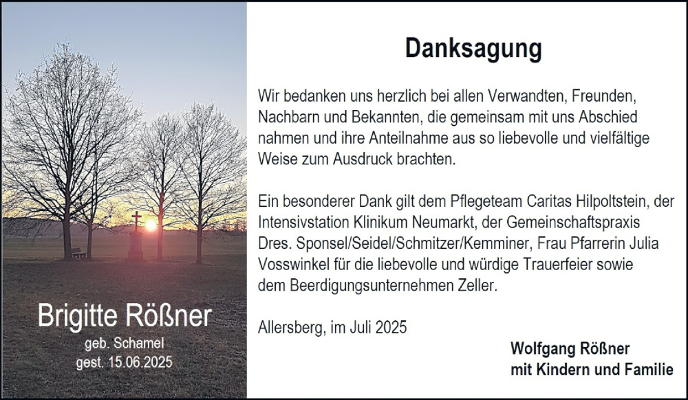  Traueranzeige für Brigitte Rößner vom 12.07.2025 aus Roth-Hilpoltsteiner Volkszeitung Lokal