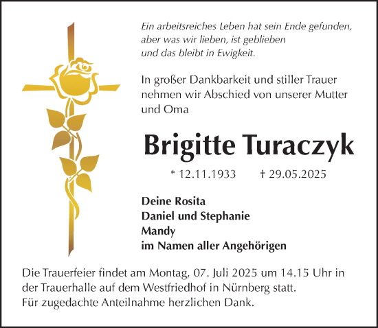 Traueranzeige von Brigitte Turaczyk von Gesamtausgabe Nürnberger Nachrichten/ Nürnberger Ztg.