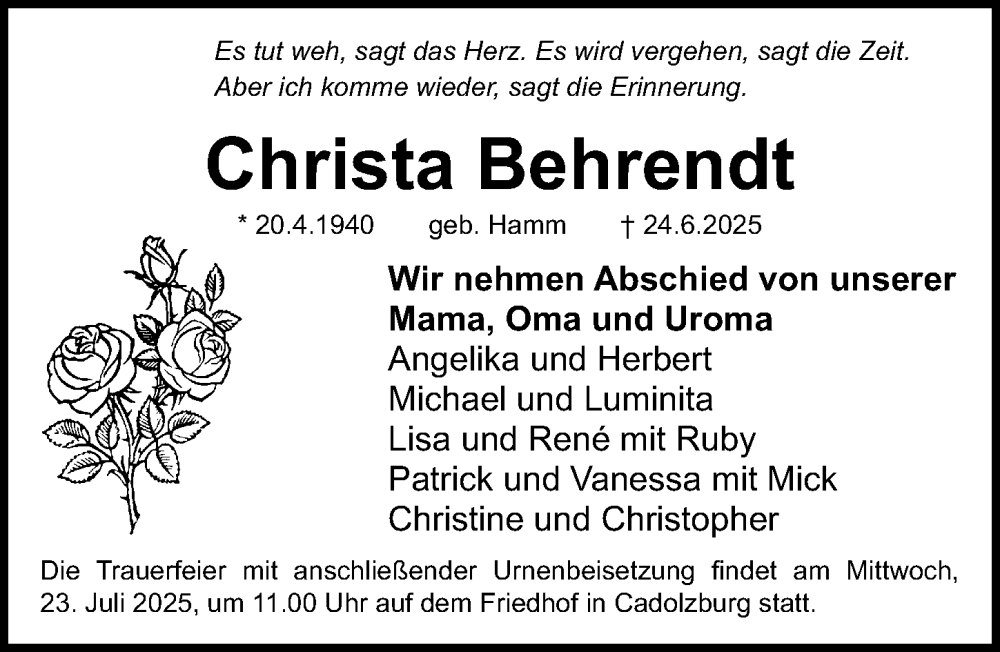  Traueranzeige für Christa Behrendt vom 19.07.2025 aus Fürther Nachrichten Lokal