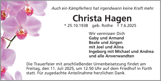 Traueranzeige von Christa Hagen von Gesamtausgabe Nürnberger Nachrichten/ Nürnberger Ztg.