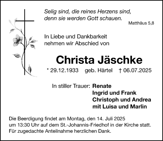 Traueranzeige von Christa Jäschke von Gesamtausgabe Nürnberger Nachrichten/ Nürnberger Ztg.