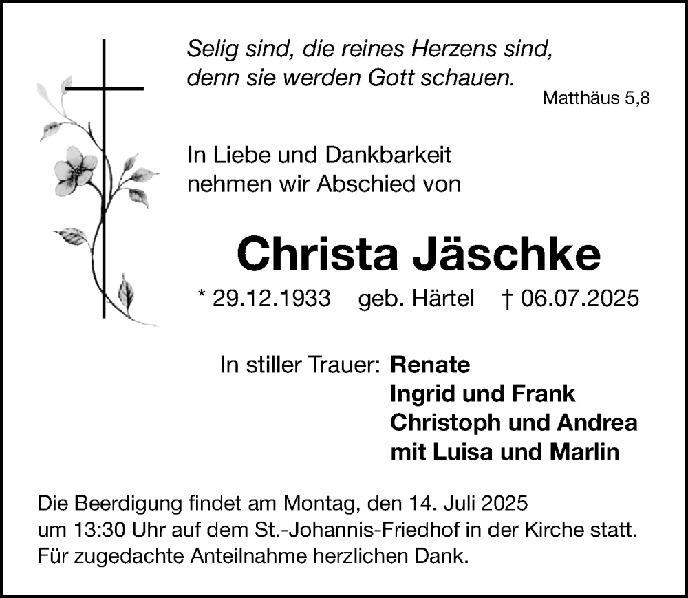  Traueranzeige für Christa Jäschke vom 12.07.2025 aus Gesamtausgabe Nürnberger Nachrichten/ Nürnberger Ztg.