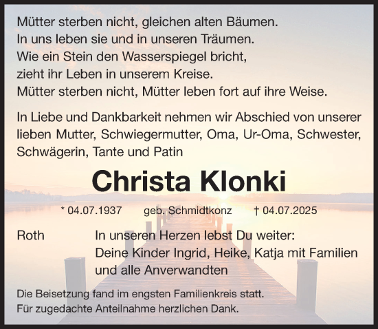 Traueranzeige von Christa Klonki von Roth-Hilpoltsteiner Volkszeitung Lokal