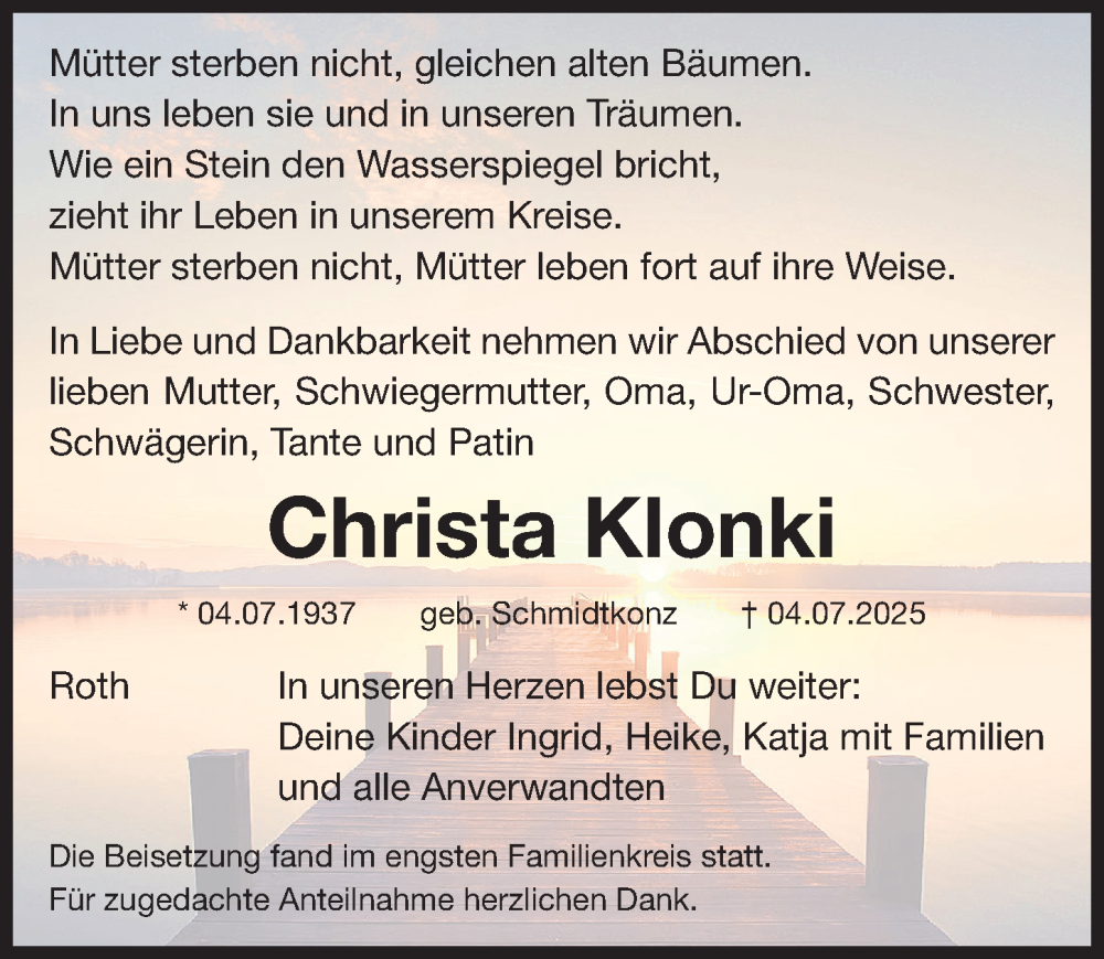 Traueranzeige für Christa Klonki vom 19.07.2025 aus Roth-Hilpoltsteiner Volkszeitung Lokal