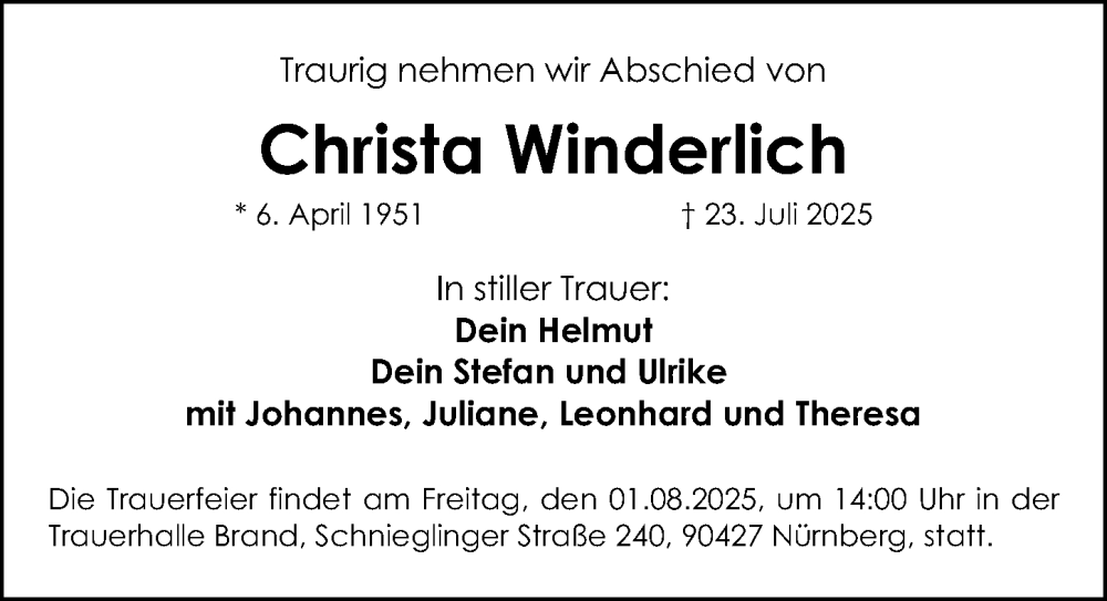  Traueranzeige für Christa Winderlich vom 30.07.2025 aus Gesamtausgabe Nürnberger Nachrichten/ Nürnberger Ztg.