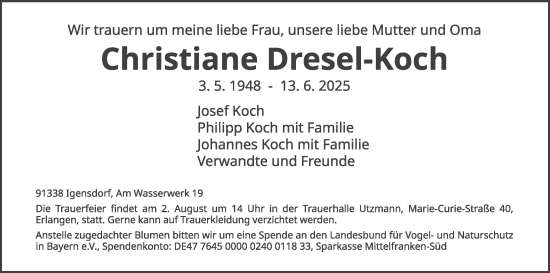 Traueranzeige von Christiane Dresel-Koch von Gesamtausgabe Nürnberger Nachrichten/ Nürnberger Ztg.