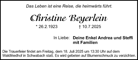 Traueranzeige von Christine Beyerlein von Schwabacher Tagblatt Lokal