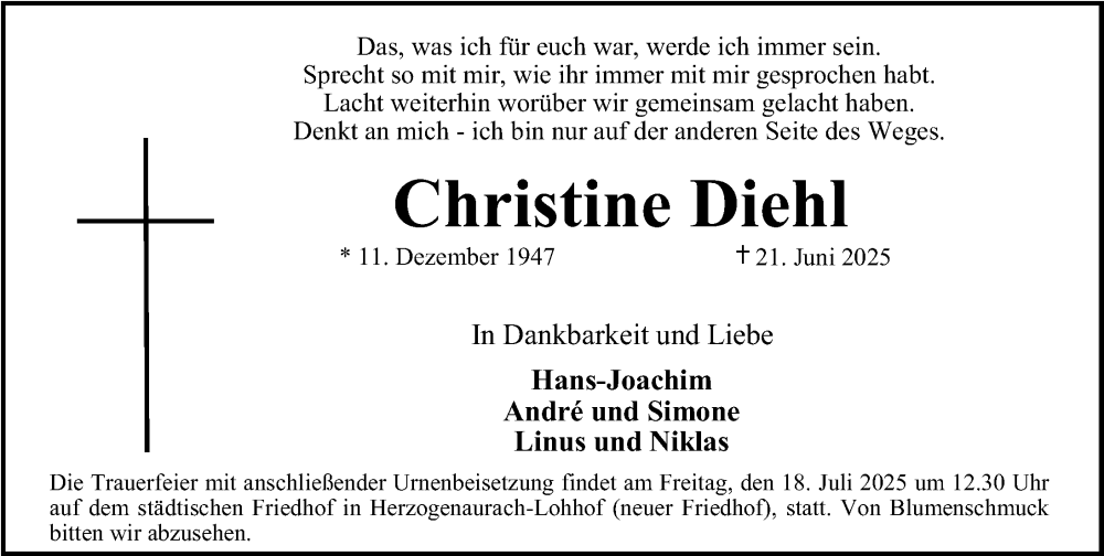  Traueranzeige für Christine Diehl vom 12.07.2025 aus Erlanger Nachrichten Lokal