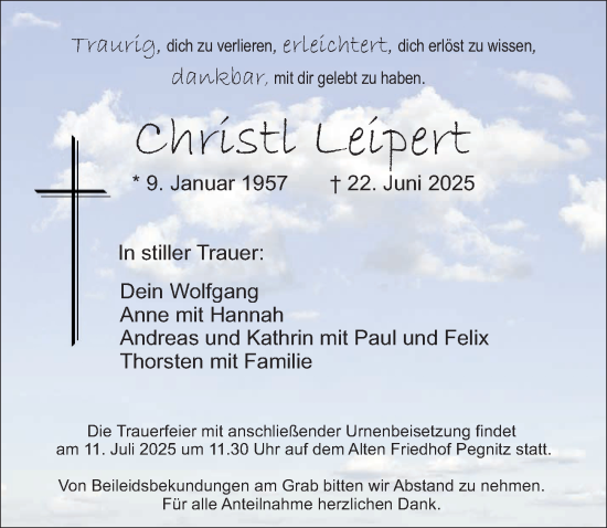 Traueranzeige von Christl Leipert von Nordbayerische Nachrichten Pegnitz Lokal