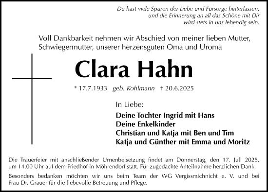 Traueranzeige von Clara Hahn von Erlanger Nachrichten Lokal