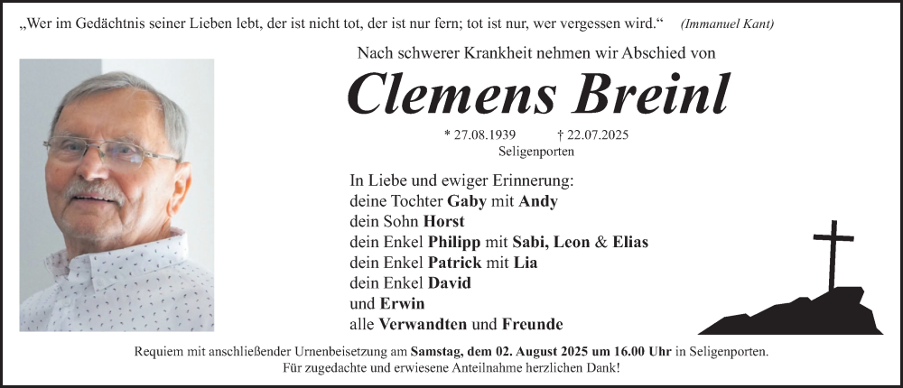  Traueranzeige für Clemens Breinl vom 30.07.2025 aus Neumarkter Nachrichten Lokal