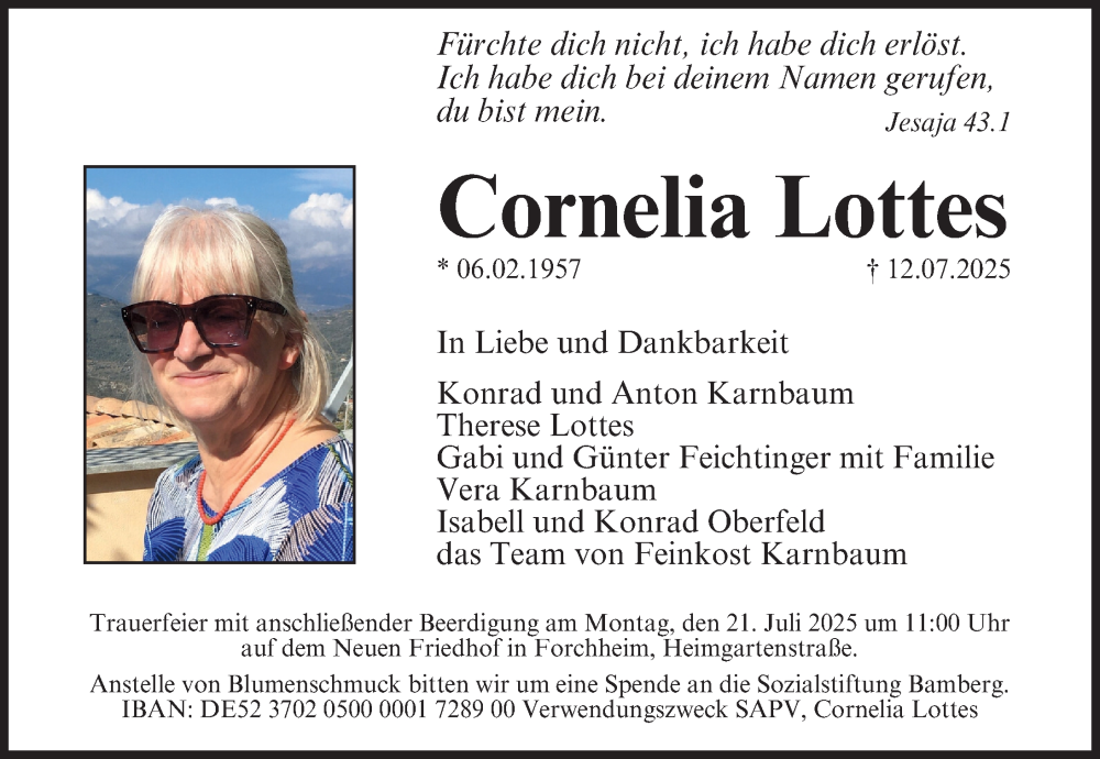 Traueranzeige für Cornelia Lottes vom 19.07.2025 aus Nordbayerische Nachrichten Forchheim Lokal