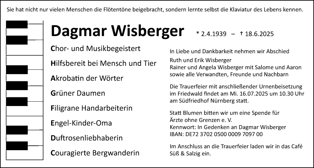  Traueranzeige für Dagmar Wisberger vom 04.07.2025 aus Gesamtausgabe Nürnberger Nachrichten/ Nürnberger Ztg.