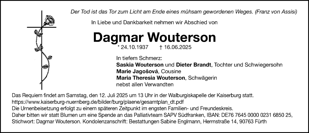  Traueranzeige für Dagmar Wouterson vom 05.07.2025 aus Gesamtausgabe Nürnberger Nachrichten/ Nürnberger Ztg.