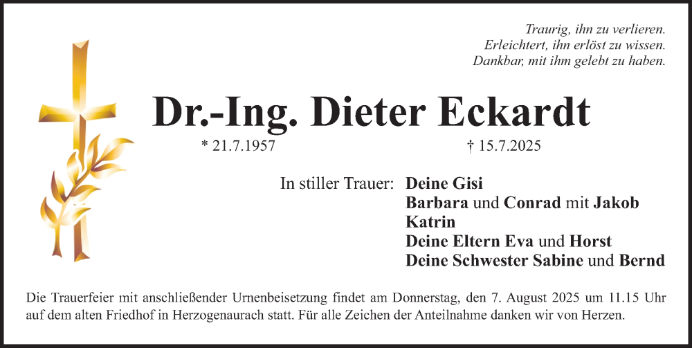  Traueranzeige für Dieter Eckardt vom 26.07.2025 aus Erlanger Nachrichten Lokal