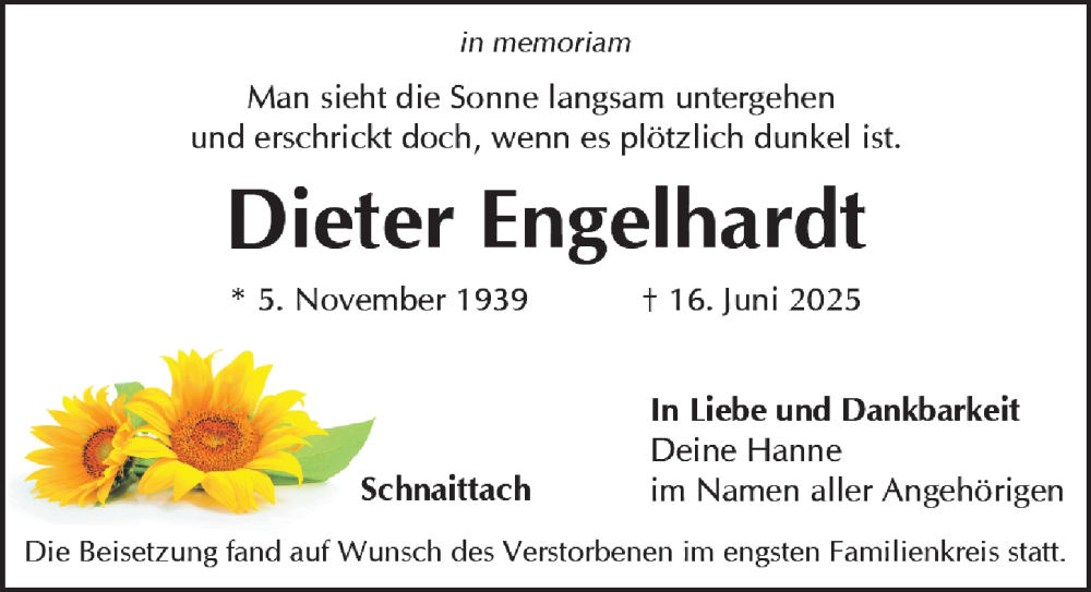  Traueranzeige für Dieter Engelhardt vom 19.07.2025 aus Gesamtausgabe Nürnberger Nachrichten/ Nürnberger Ztg.