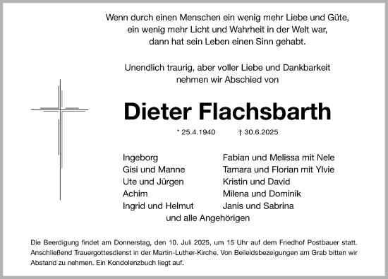 Traueranzeige von Dieter Flachsbarth von Neumarkter Nachrichten Lokal