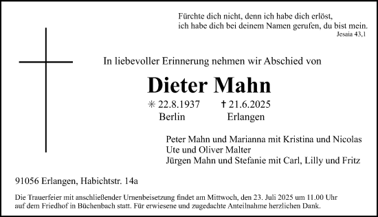 Traueranzeige von Dieter Mahn von Erlanger Nachrichten Lokal