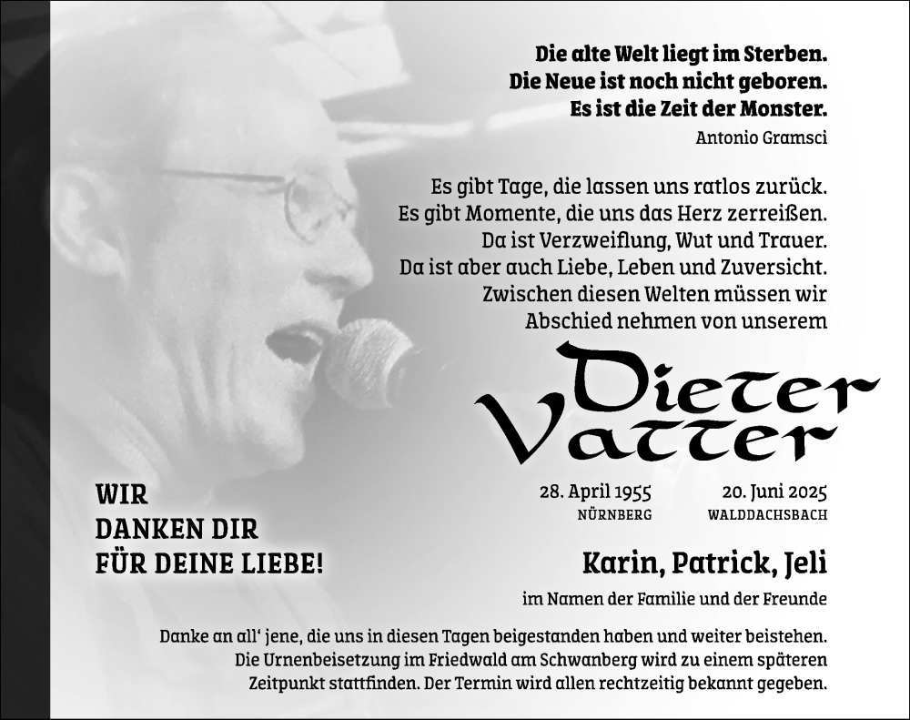  Traueranzeige für Dieter Vatter vom 02.07.2025 aus Gesamtausgabe Nürnberger Nachrichten/ Nürnberger Ztg.