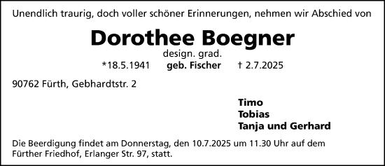 Traueranzeige von Dorothee Boegner von Gesamtausgabe Nürnberger Nachrichten/ Nürnberger Ztg.
