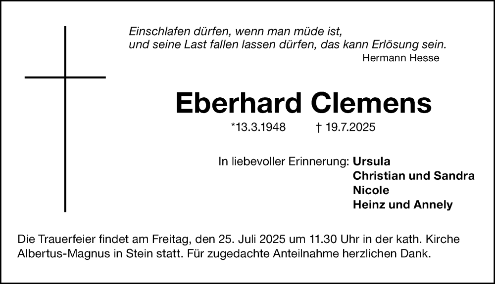  Traueranzeige für Eberhard Clemens vom 23.07.2025 aus Gesamtausgabe Nürnberger Nachrichten/ Nürnberger Ztg.