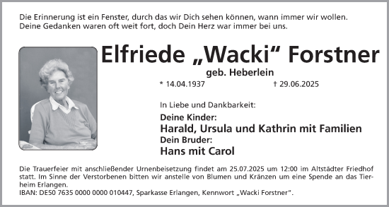 Traueranzeige von Elfriede Forstner von Erlanger Nachrichten Lokal