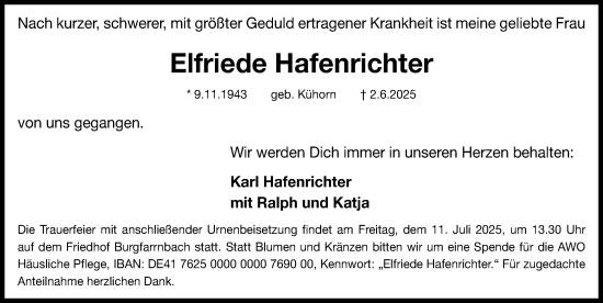 Traueranzeige von Elfriede Hafenrichter von Fürther Nachrichten Lokal