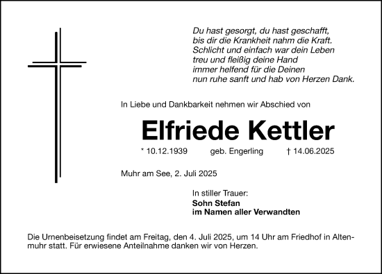 Traueranzeige von Elfriede Kettler von Altmühl-Bote Lokal