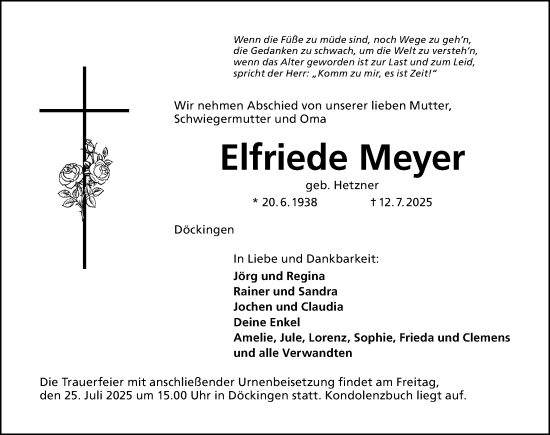Traueranzeige von Elfriede Meyer von Altmühl-Bote Lokal