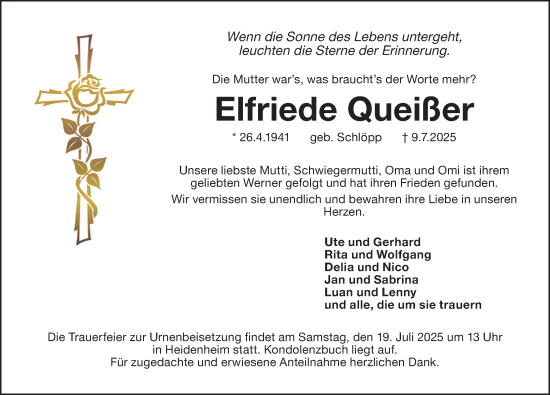 Traueranzeige von Elfriede Queißer von Altmühl-Bote Lokal