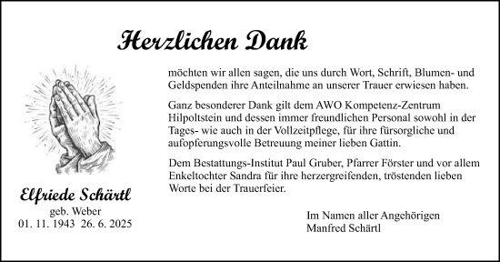 Traueranzeige von Elfriede Schärtl von Roth-Hilpoltsteiner Volkszeitung Lokal