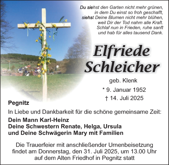 Traueranzeige von Elfriede Schleicher von Nordbayerische Nachrichten Pegnitz Lokal