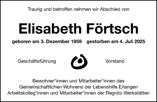 Traueranzeige von Elisabeth Förtsch von Erlanger Nachrichten Lokal