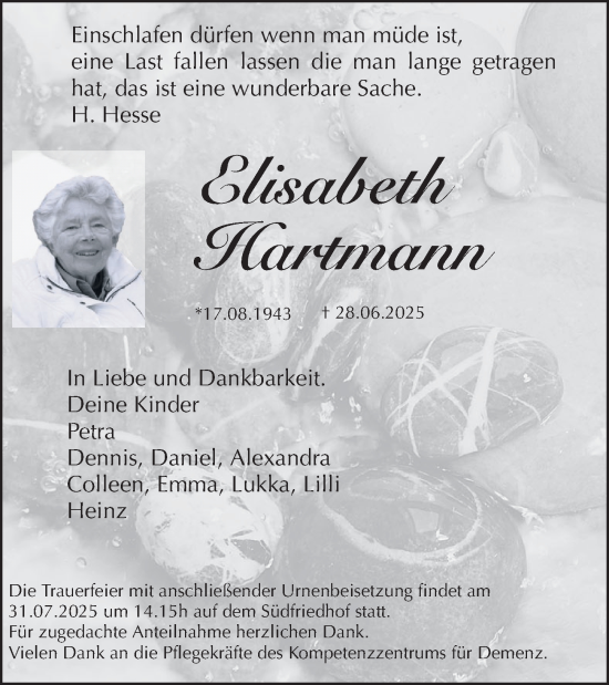 Traueranzeige von Elisabeth Hartmann von Gesamtausgabe Nürnberger Nachrichten/ Nürnberger Ztg.